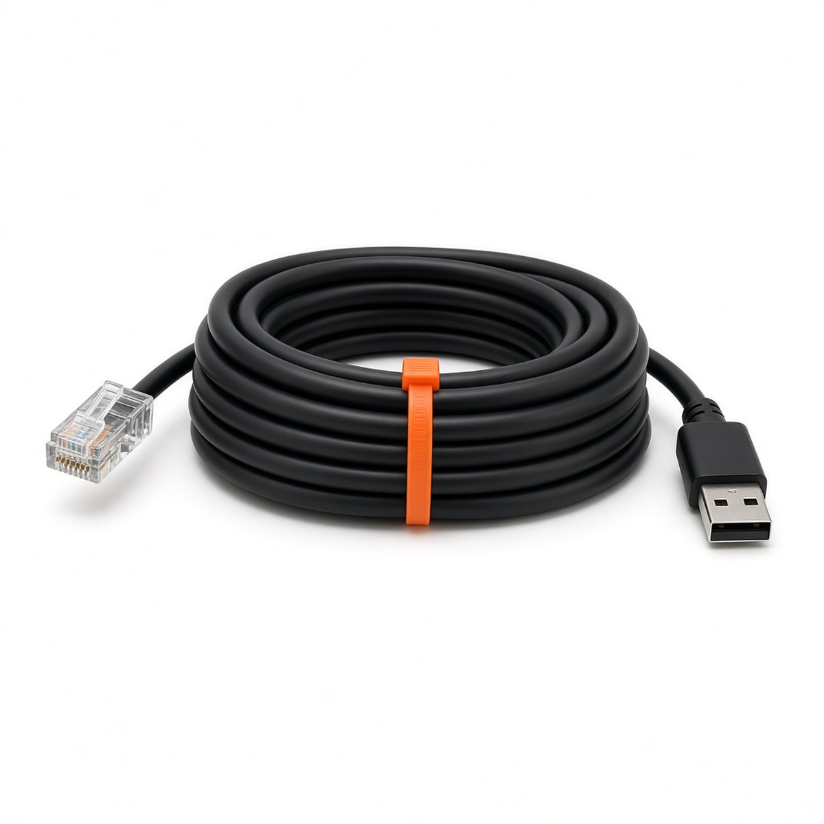 Coiled black RS485 USB cable with RJ45 plug for Sunsynk/Deye inverters