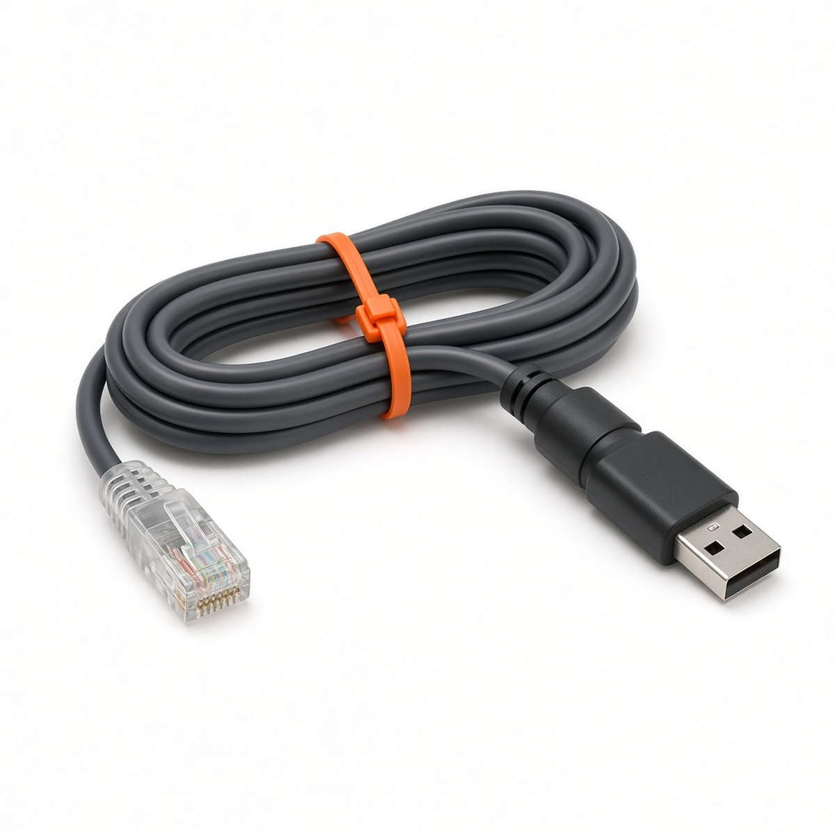 Coiled grey RS232 USB cable with RJ45 plug and orange tie for Voltronic/Axpert inverters