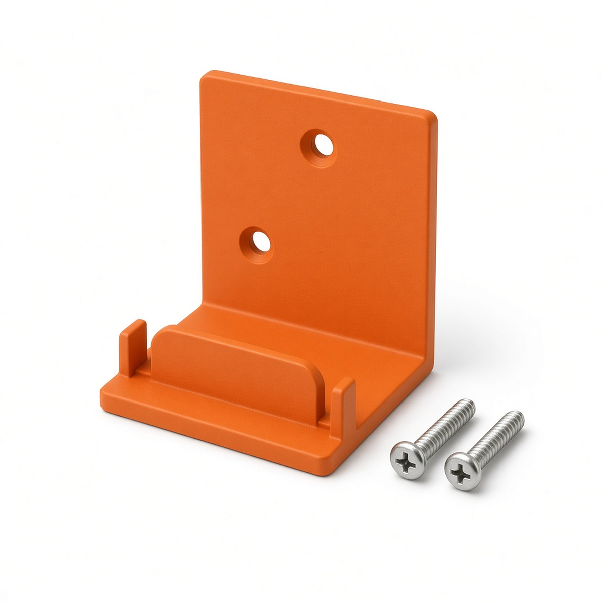 Orange wall mount bracket for an RS485 converter with two screws