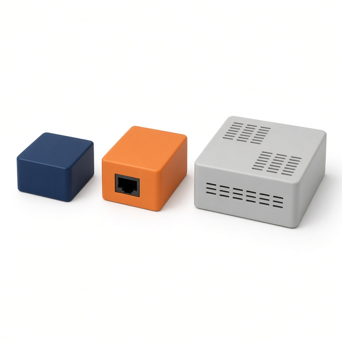 Three RS485 converter cases in navy, orange with RJ45 port, and grey vented