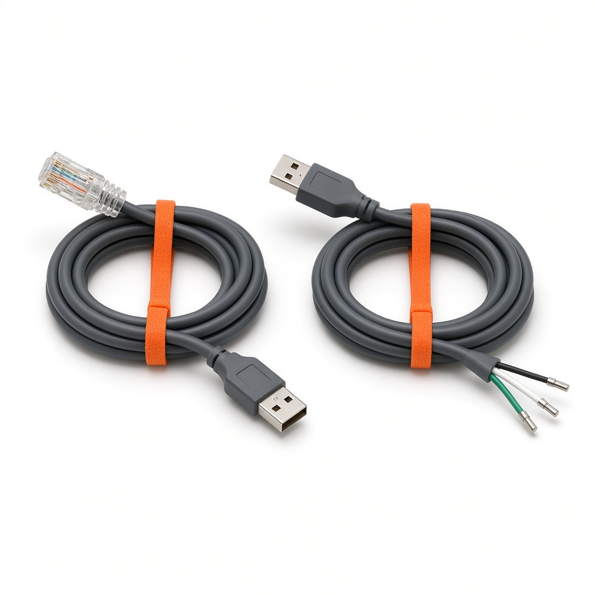 Two grey RS485 USB cables, one with RJ45 plug and one with bare wire ends, for Growatt inverters