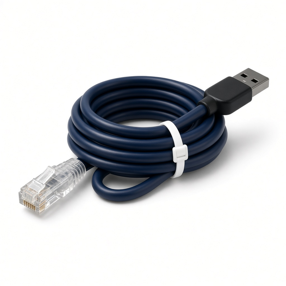 Coiled navy blue RS485 USB cable with RJ45 plug and white tie for JK BMS