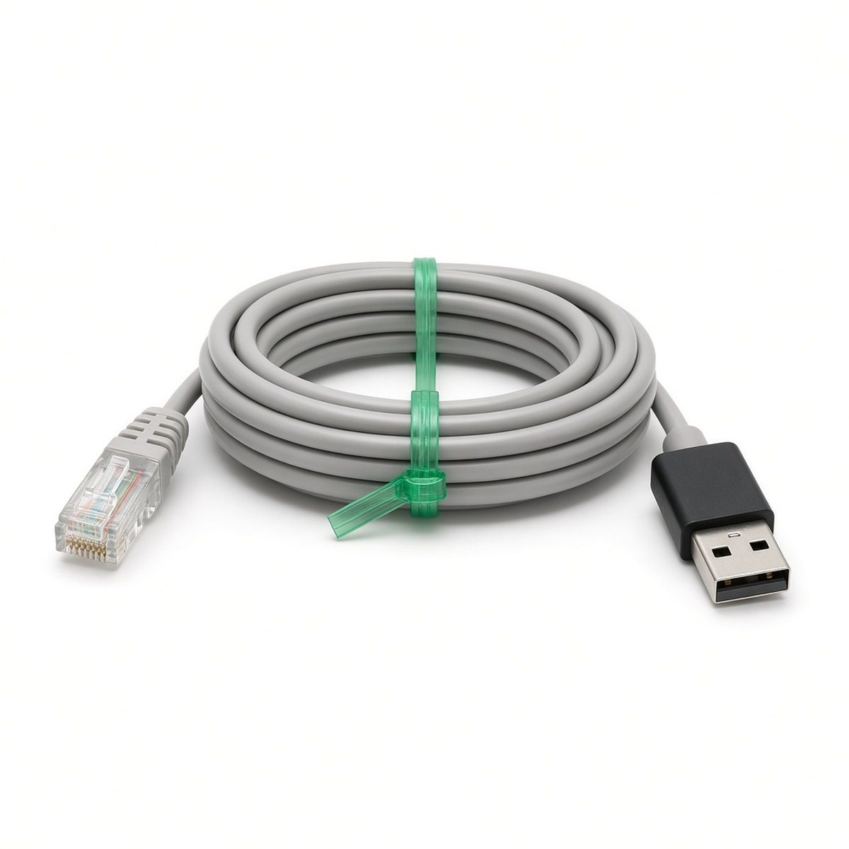 Coiled light grey RS485 USB cable with RJ45 plug and green tie for LuxPower inverters