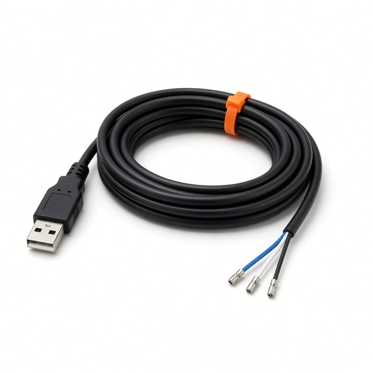 Coiled black RS485 USB cable with three bare wire ends for Sofar inverters