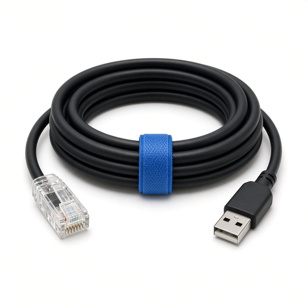 Coiled black RS485 USB cable with RJ45 plug and blue strap for Solax inverters